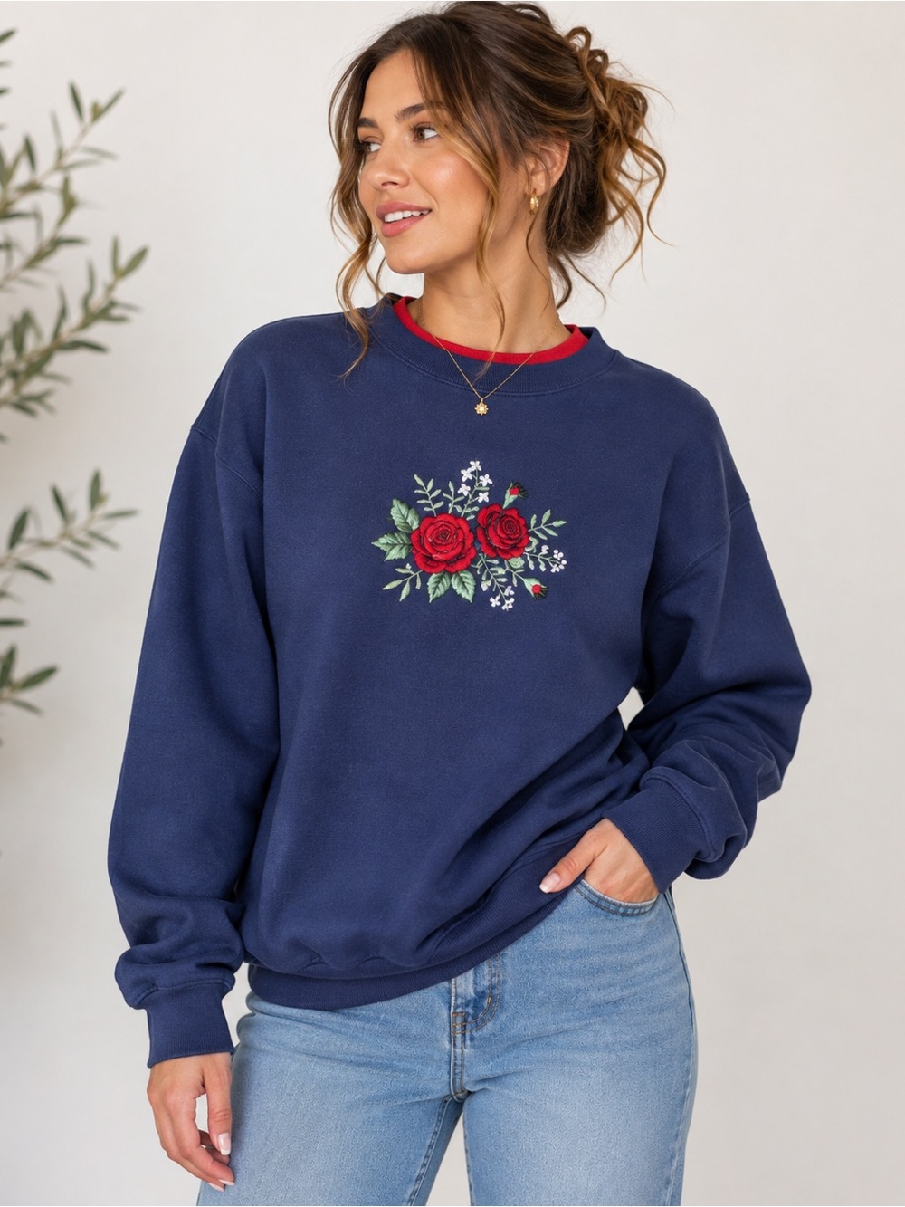 Vintage Top Stitch Morning Sun Rose Embroidered Sweatshirt Small